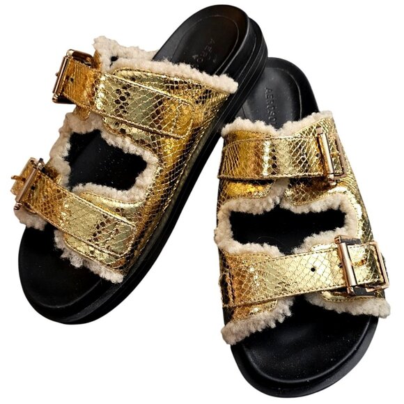 Aerosoles Gold Double-Buckle Shearling-Lined Sandals For Women - Size 7 - Picture 1 of 6